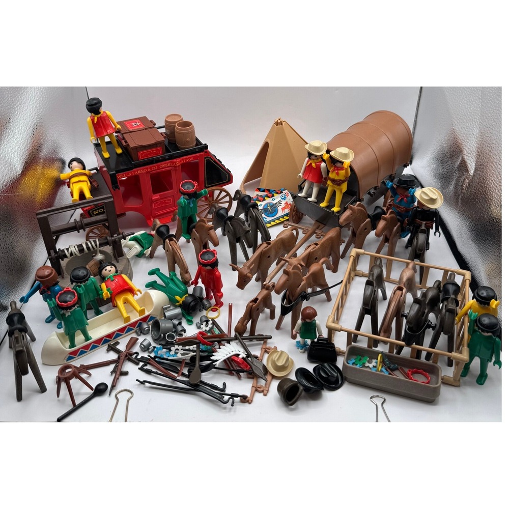 Huge Vintage Playmobil Western Lot Wells Fargo Stagecoach Wagon Figures 1974